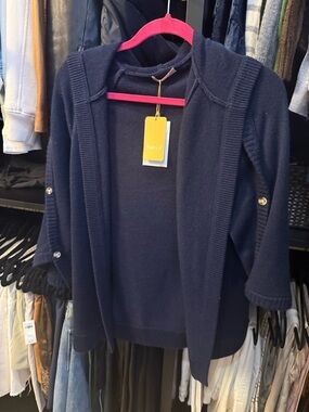 KIER + J Navy Hooded Open-Front cashmere Cardigan with Button Tabs